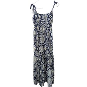 🍉 Love Ady Blue Cream Geometric Print Tiered Maxi Dress Size Small